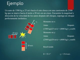 Ejemplo
Un auto de 1500 kg a 25 m/s hacia el este choca con una camioneta de 2500
kg que se mueve hacia el norte a 20 m/s en un cruce. Encuentre la magnitud y
dirección de la velocidad de los autos después del choque, suponga un choque
perfectamente inelástico.
25 m/s
20 m/s
vf Momento en x:
Antes Después
(1500 kg)(25 m/s) = (4000 kg) vf cos()
Momento en y:
Antes Después
(2500 kg)(20 m/s) = (4000 kg) vf sen()
Resolviendo
 = 53.1° vf = 15.6 m/s

 