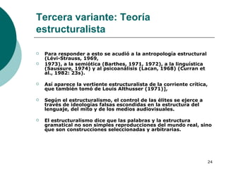 Tercera variante: Teoría estructuralista Para responder a esto se acudió a la antropología estructural (Lévi-Strauss, 1969, 1973), a la semiótica (Barthes, 1971, 1972), a la linguística (Saussure, 1974) y al psicoanálisis (Lacan, 1968) (Curran et al., 1982: 23s).  Así aparece la vertiente estructuralista de la corriente crítica, que también tomó de Louis Althusser (1971)], Según el estructuralismo, el control de las élites se ejerce a través de ideologías falsas escondidas en la estructura del lenguaje, del mito y de los medios audiovisuales.  El estructuralismo dice que las palabras y la estructura gramatical no son simples reproducciones del mundo real, sino que son construcciones seleccionadas y arbitrarias. 