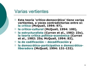 Varias vertientes  Esta teoría 'crítico-democrática' tiene varias vertientes, a veces contradictorias entre sí:  la crítica  (McQuail, 1994: 97),  la crítico-cultural  (McQuail, 1994: 100),  la estructuralista  (Curran et al., 1982: 23s),  la teoría crítica político-económica  (Curran et al., 1982: 25s; McQuail, 1994: 82),  la de codificación – decodificación  y  la democrático-participativa o democrático-liberadora  (McQuail, 1994: 131-132).   
