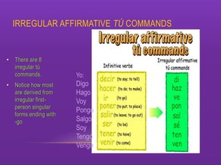 IRREGULAR AFFIRMATIVE TÚ COMMANDS
• There are 8
irregular tú
commands.
• Notice how most
are derived from
irregular first-
person singular
forms ending with
-go
Yo:
Digo
Hago
Voy
Pongo
Salgo
Soy
Tengo
Vengo
 