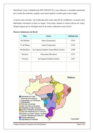 Colégio Estadual Tiradentes-Rio Real/Bahia. Página 102
Meridional. Como é banhada pelo RIO PARAGUAI e seus afluentes, é inundada anualmente
por ocasião das enchentes, quando vasto lençol aquático recobre quase toda a região.
As partes mais elevadas são conhecidas pelo nome indevido de cordilheiras e as partes mais
deprimidas constituem as baías ou largos. Essas baías, durante as cheias (chuvas de verão),
abrigam lagoas que se interligam através de canais conhecidos como corixos.
Pontos Culminantes do Brasil
Pico Serra Altitude (m)
Da Neblina Imeri (Amazonas) 3.014
31 de Março Imeri (Amazonas) 2.992
Da Bandeira do Caparaó (Espírito Santo/Minas Gerais) 2.890
Roraima Pacaraima (Roraima) 2.875
Cruzeiro do Caparaó (Espírito Santo) 2.861
 