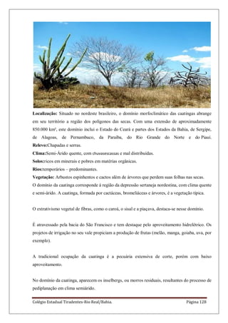 Colégio Estadual Tiradentes-Rio Real/Bahia. Página 128
Localização: Situado no nordeste brasileiro, o domínio morfoclimático das caatingas abrange
em seu território a região dos polígonos das secas. Com uma extensão de aproximadamente
850.000 km², este domínio inclui o Estado do Ceará e partes dos Estados da Bahia, de Sergipe,
de Alagoas, de Pernambuco, da Paraíba, do Rio Grande do Norte e do Piauí.
Relevo:Chapadas e serras.
Clima:Semi-Árido quente, com chuvasescassas e mal distribuídas.
Solos:ricos em minerais e pobres em matérias orgânicas.
Rios:temporários – predominantes.
Vegetação: Arbustos espinhentos e cactos além de árvores que perdem suas folhas nas secas.
O domínio da caatinga corresponde à região da depressão sertaneja nordestina, com clima quente
e semi-árido. A caatinga, formada por cactáceas, bromeliáceas e árvores, é a vegetação típica.
O extrativismo vegetal de fibras, como o caroá, o sisal e a piaçava, destaca-se nesse domínio.
É atravessado pela bacia do São Francisco e tem destaque pelo aproveitamento hidrelétrico. Os
projetos de irrigação no seu vale propiciam a produção de frutas (melão, manga, goiaba, uva, por
exemplo).
A tradicional ocupação da caatinga é a pecuária extensiva de corte, porém com baixo
aproveitamento.
No domínio da caatinga, aparecem os inselbergs, ou morros residuais, resultantes do processo de
pediplanação em clima semiárido.
 