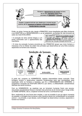 Colégio Estadual Tiradentes-Rio Real/Bahia. Página 153
Então, as várias formas de vida, desde o PRINCÍPIO, foram desafiadas pelo Meio Ambiente
a se ADAPTAR ou a DESAPARECER e, ao se adaptarem, as formas de vida tornaram-se
cada vez mais EVOLUÍDAS.
• A evolução do reino animal chegou a um
ponto culminante com o aparecimento dos
mamíferos.
• O início da evolução humana encontra-se nos PRIMATAS (grupo que inclui homens e
macacos) e foi no interior da ordem dos primatas que desenvolveu-se uma linha evolutiva
separando os homens dos macacos.
A partir daí, surgiram os HOMINÍDEOS, espécie intermediária dessa evolução. Essa
linhagem evoluiu e desenvolveu aspectos fundamentais para que acontecesse essa
separação entre os homens e macacos, que foi o CRESCIMENTO DO CÉREBRO, a
progressiva conquista da POSTURA ERETA e por último, a LINGUAGEM, características
distintas dos seres humanos.
Com os HOMINÍDEOS, as espécies que se tornariam humanas foram aos poucos,
assumindo características físicas e mentais mais próximas às do homem atual. Surge então,
os HOMO SAPIENS, isto é, a espécie humana tal como a conhecemos hoje.
Bom, explicando de uma forma bem simples, o que se acredita é que em algum momento
do passado, a linhagem dos humanos e dos macacos devem ter compartilhado um ancestral
comum – os primatas, e que desses, outra linhagem se desenvolveu e evoluiu, separando o
homem do macaco.
 