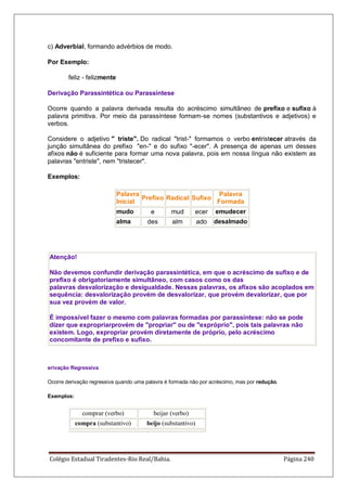 Colégio Estadual Tiradentes-Rio Real/Bahia. Página 240
c) Adverbial, formando advérbios de modo.
Por Exemplo:
feliz - felizmente
Derivação Parassintética ou Parassíntese
Ocorre quando a palavra derivada resulta do acréscimo simultâneo de prefixo e sufixo à
palavra primitiva. Por meio da parassíntese formam-se nomes (substantivos e adjetivos) e
verbos.
Considere o adjetivo  triste. Do radical trist- formamos o verbo entristecer através da
junção simultânea do prefixo en- e do sufixo -ecer. A presença de apenas um desses
afixos não é suficiente para formar uma nova palavra, pois em nossa língua não existem as
palavras entriste, nem tristecer.
Exemplos:
Palavra
Inicial
Prefixo Radical Sufixo
Palavra
Formada
mudo e mud ecer emudecer
alma des alm ado desalmado
Atenção!
Não devemos confundir derivação parassintética, em que o acréscimo de sufixo e de
prefixo é obrigatoriamente simultâneo, com casos como os das
palavras desvalorização e desigualdade. Nessas palavras, os afixos são acoplados em
sequência: desvalorização provém de desvalorizar, que provém devalorizar, que por
sua vez provém de valor.
É impossível fazer o mesmo com palavras formadas por parassíntese: não se pode
dizer que expropriarprovém de propriar ou de expróprio, pois tais palavras não
existem. Logo, expropriar provém diretamente de próprio, pelo acréscimo
concomitante de prefixo e sufixo.
erivação Regressiva
Ocorre derivação regressiva quando uma palavra é formada não por acréscimo, mas por redução.
Exemplos:
comprar (verbo) beijar (verbo)
compra (substantivo) beijo (substantivo)
 