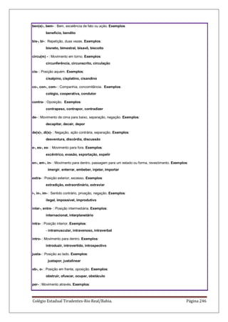 Colégio Estadual Tiradentes-Rio Real/Bahia. Página 246
ben(e)-, bem- : Bem, excelência de fato ou ação. Exemplos:
benefício, bendito
bis-, bi-: Repetição, duas vezes. Exemplos:
bisneto, bimestral, bisavô, biscoito
circu(m) - : Movimento em torno. Exemplos:
circunferência, circunscrito, circulação
cis- : Posição aquém. Exemplos:
cisalpino, cisplatino, cisandino
co-, con-, com- : Companhia, concomitância. Exemplos:
colégio, cooperativa, condutor
contra- : Oposição. Exemplos:
contrapeso, contrapor, contradizer
de- : Movimento de cima para baixo, separação, negação. Exemplos:
decapitar, decair, depor
de(s)-, di(s)- : Negação, ação contrária, separação. Exemplos:
desventura, discórdia, discussão
e-, es-, ex- : Movimento para fora. Exemplos:
excêntrico, evasão, exportação, expelir
en-, em-, in- : Movimento para dentro, passagem para um estado ou forma, revestimento. Exemplos:
imergir, enterrar, embeber, injetar, importar
extra- : Posição exterior, excesso. Exemplos:
extradição, extraordinário, extraviar
i-, in-, im- : Sentido contrário, privação, negação. Exemplos:
ilegal, impossível, improdutivo
inter-, entre- : Posição intermediária. Exemplos:
internacional, interplanetário
intra- : Posição interior. Exemplos:
- intramuscular, intravenoso, intraverbal
intro- : Movimento para dentro. Exemplos:
introduzir, introvertido, introspectivo
justa- : Posição ao lado. Exemplos:
justapor, justalinear
ob-, o- : Posição em frente, oposição. Exemplos:
obstruir, ofuscar, ocupar, obstáculo
per- : Movimento através. Exemplos:
 