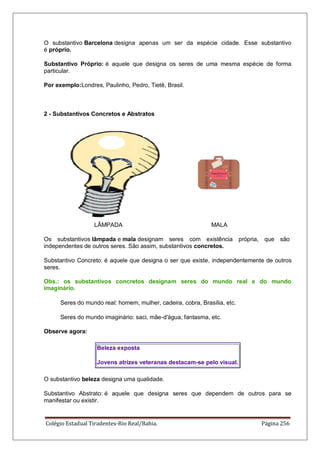 Colégio Estadual Tiradentes-Rio Real/Bahia. Página 256
O substantivo Barcelona designa apenas um ser da espécie cidade. Esse substantivo
é próprio.
Substantivo Próprio: é aquele que designa os seres de uma mesma espécie de forma
particular.
Por exemplo:Londres, Paulinho, Pedro, Tietê, Brasil.
2 - Substantivos Concretos e Abstratos
LÂMPADA MALA
Os substantivos lâmpada e mala designam seres com existência própria, que são
independentes de outros seres. São assim, substantivos concretos.
Substantivo Concreto: é aquele que designa o ser que existe, independentemente de outros
seres.
Obs.: os substantivos concretos designam seres do mundo real e do mundo
imaginário.
Seres do mundo real: homem, mulher, cadeira, cobra, Brasília, etc.
Seres do mundo imaginário: saci, mãe-d'água, fantasma, etc.
Observe agora:
Beleza exposta
Jovens atrizes veteranas destacam-se pelo visual.
O substantivo beleza designa uma qualidade.
Substantivo Abstrato: é aquele que designa seres que dependem de outros para se
manifestar ou existir.
 