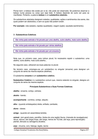 Colégio Estadual Tiradentes-Rio Real/Bahia. Página 257
Pense bem: a beleza não existe por si só, não pode ser observada. Só podemos observar a
beleza numa pessoa ou coisa que seja bela. A beleza depende de outro ser para se
manifestar. Portanto, a palavra beleza é um substantivo abstrato.
Os substantivos abstratos designam estados, qualidades, ações e sentimentos dos seres, dos
quais podem ser abstraídos, e sem os quais não podem existir.
Por exemplo: vida (estado), rapidez (qualidade), viagem (ação), saudade (sentimento).
3 - Substantivos Coletivos
Ele vinha pela estrada e foi picado por uma abelha, outra abelha, mais outra abelha.
Ele vinha pela estrada e foi picado por várias abelhas.
Ele vinha pela estrada e foi picado por um enxame.
Note que, no primeiro caso, para indicar plural, foi necessário repetir o substantivo: uma
abelha, outra abelha, mais outra abelha...
No segundo caso, utilizaram-se duas palavras no plural.
No terceiro caso, empregou-se um substantivo no singular (enxame) para designar um
conjunto de seres da mesma espécie (abelhas).
O substantivo enxame é um substantivo coletivo.
Substantivo Coletivo: é o substantivo comum que, mesmo estando no singular, designa um
conjunto de seres da mesma espécie.
Principais Substantivos e Suas Formas Coletivas:
abelha - enxame, cortiço, colmeia;
abutre - bando;
acompanhante - comitiva, cortejo, séquito;
alho - (quando entrelaçados) réstia, enfiada, cambada;
aluno - classe;
amigo - (quando em assembleia) tertúlia;
animal - (em geral) piara, pandilha, (todos de uma região) fauna, (manada de cavalgaduras)
récua, récova, (de carga) tropa, (de carga, menos de 10) lote, (de raça, para reprodução)
plantel, (ferozes ou selvagens) alcateia;
anjo - chusma, coro, falange, legião, teoria;
 