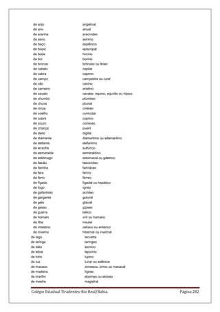 Colégio Estadual Tiradentes-Rio Real/Bahia. Página 282
de anjo angelical
de ano anual
de aranha aracnídeo
de asno asinino
de baço esplênico
de bispo episcopal
de bode hircino
de boi bovino
de bronze brônzeo ou êneo
de cabelo capilar
de cabra caprino
de campo campestre ou rural
de cão canino
de carneiro arietino
de cavalo cavalar, equino, equídio ou hípico
de chumbo plúmbeo
de chuva pluvial
de cinza cinéreo
de coelho cunicular
de cobre cúprico
de couro coriáceo
de criança pueril
de dedo digital
de diamante diamantino ou adamantino
de elefante elefantino
de enxofre sulfúrico
de esmeralda esmeraldino
de estômago estomacal ou gástrico
de falcão falconídeo
de farinha farináceo
de fera ferino
de ferro férreo
de fígado figadal ou hepático
de fogo ígneo
de gafanhoto acrídeo
de garganta gutural
de gelo glacial
de gesso gípseo
de guerra bélico
de homem viril ou humano
de ilha insular
de intestino celíaco ou entérico
de inverno hibernal ou invernal
de lago lacustre
de laringe laríngeo
de leão leonino
de lebre leporino
de lobo lupino
de lua lunar ou selênico
de macaco simiesco, símio ou macacal
de madeira lígneo
de marfim ebúrneo ou ebóreo
de mestre magistral
 