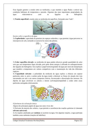 Colégio Estadual Tiradentes-Rio Real/Bahia. Página 312
Essa ligação garante a coesão entre as moléculas, o que mantém a água fluida e estável nas
condições habituais de temperatura e pressão. Algumas das mais importantes propriedades da
água relacionam-se com as ligações de hidrogênio:
1) Tensão superficial: coesão entre as moléculas da superfície, formando uma rede.
Insetos sobre a superfície da água
2) Capilaridade: capacidade de penetrar em espaços reduzidos, o que permite à água percorrer os
microporos do solo, tornando-se acessível às raízes das plantas.
3) Calor específico elevado: as moléculas de água podem absorver grande quantidade de calor
sem que sua temperatura fique elevada, pois parte desta energia é utilizada no enfraquecimento
das ligações de hidrogênio. Isso explica o papel termorregulador da água por meio da transpiração
que mantém a temperatura em valores compatíveis com a manutenção da vida das diferentes
espécies.
4) Capacidade solvente: a polaridade da molécula de água explica a eficácia em separar
partículas entre si, pois o caráter polar da água tende a diminuir as forças de atração dos íons
encontrados em sais e em outros compostos iônicos, favorecendo a dissociação dos mesmos. Os
dipolos da água envolvem os cátions e ânions (solvatação)impedindo a união entre essas
partículas carregadas eletricamente.
O fenômeno da solvatação iônica
Alguns dos principais papéis da água nos seres vivos são:
1) Solvente da maioria dos solutos, o que permite a ocorrência das reações químicas (é chamada
solvente universal).
2) As reações catalisadas por enzimas só ocorrem na água. Em algumas reações, a água participa
também como substrato (reações de hidrólise).
 