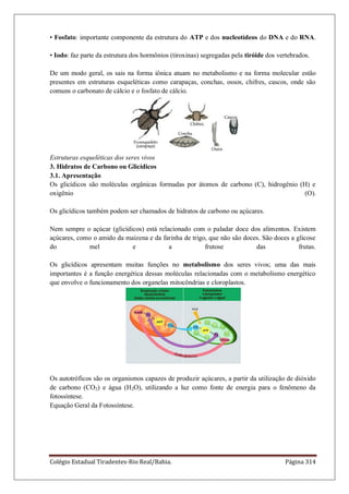 Colégio Estadual Tiradentes-Rio Real/Bahia. Página 314
• Fosfato: importante componente da estrutura do ATP e dos nucleotídeos do DNA e do RNA.
• Iodo: faz parte da estrutura dos hormônios (tiroxinas) segregadas pela tiróide dos vertebrados.
De um modo geral, os sais na forma iônica atuam no metabolismo e na forma molecular estão
presentes em estruturas esqueléticas como carapaças, conchas, ossos, chifres, cascos, onde são
comuns o carbonato de cálcio e o fosfato de cálcio.
Estruturas esqueléticas dos seres vivos
3. Hidratos de Carbono ou Glicídicos
3.1. Apresentação
Os glicídicos são moléculas orgânicas formadas por átomos de carbono (C), hidrogênio (H) e
oxigênio (O).
Os glicídicos também podem ser chamados de hidratos de carbono ou açúcares.
Nem sempre o açúcar (glicídicos) está relacionado com o paladar doce dos alimentos. Existem
açúcares, como o amido da maizena e da farinha de trigo, que não são doces. São doces a glicose
do mel e a frutose das frutas.
Os glicídicos apresentam muitas funções no metabolismo dos seres vivos; uma das mais
importantes é a função energética dessas moléculas relacionadas com o metabolismo energético
que envolve o funcionamento dos organelas mitocôndrias e cloroplastos.
Os autotróficos são os organismos capazes de produzir açúcares, a partir da utilização de dióxido
de carbono (CO2) e água (H2O), utilizando a luz como fonte de energia para o fenômeno da
fotossíntese.
Equação Geral da Fotossíntese.
 