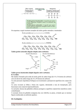 Colégio Estadual Tiradentes-Rio Real/Bahia. Página 319
Os esquemas a seguir mostram exemplos de ácidos gordos saturados e insaturados
Ácidos gordos saturados (ligação simples entre carbonos)
Ácidos graxos insaturados (duplas ligações entre carbonos)
II. Cerídios
São lipídios formados pela união de ácido gordo de cadeia longa (de 14 a 36 átomos de carbono)
com um álcool de cadeia longa (de 16 a 30 átomos de carbono).
As ceras possuem importância biológica no revestimento e proteção de superfícies dos corpos dos
seres vivos.
As ceras revestem as folhas e frutos dos vegetais, diminuindo a taxa de transpiração, pois
funcionam como material impermeabilizante.
As secreções oleosas das glândulas sebáceas protegem a superfície corporal dos mamíferos contra
a desidratação.
A secreção oleosa da glândula uropigiana das aves lubrifica as penas, evitando que as mesmas
fiquem encharcadas no ambiente aquático.
III. Fosfolipídios
 