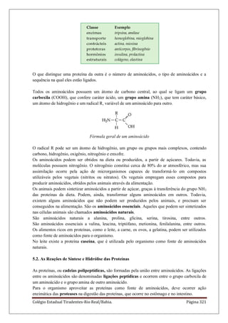 Colégio Estadual Tiradentes-Rio Real/Bahia. Página 321
O que distingue uma proteína da outra é o número de aminoácidos, o tipo de aminoácidos e a
sequência na qual eles estão ligados.
Todos os aminoácidos possuem um átomo de carbono central, ao qual se ligam um grupo
carboxila (COOH), que confere caráter ácido, um grupo amina (NH2), que tem caráter básico,
um átomo de hidrogênio e um radical R, variável de um aminoácido para outro.
Fórmula geral de um aminoácido
O radical R pode ser um átomo de hidrogênio, um grupo ou grupos mais complexos, contendo
carbono, hidrogênio, oxigênio, nitrogênio e enxofre.
Os aminoácidos podem ser obtidos na dieta ou produzidos, a partir de açúcares. Todavia, as
moléculas possuem nitrogênio. O nitrogênio constitui cerca de 80% do ar atmosférico, mas sua
assimilação ocorre pela ação de microrganismos capazes de transformá-lo em compostos
utilizáveis pelos vegetais (nitritos ou nitratos). Os vegetais empregam esses compostos para
produzir aminoácidos, obtidos pelos animais através da alimentação.
Os animais podem sintetizar aminoácidos a partir de açúcar, graças à transferência do grupo NH2
das proteínas da dieta. Podem, ainda, transformar alguns aminoácidos em outros. Todavia,
existem alguns aminoácidos que não podem ser produzidos pelos animais, e precisam ser
conseguidos na alimentação. São os aminoácidos essenciais. Aqueles que podem ser sintetizados
nas células animais são chamados aminoácidos naturais.
São aminoácidos naturais a alanina, prolina, glicina, serina, tirosina, entre outros.
São aminoácidos essenciais a valina, leucina, triptófano, metionina, fenilalanina, entre outros.
Os alimentos ricos em proteínas, como o leite, a carne, os ovos, a gelatina, podem ser utilizados
como fonte de aminoácidos para o organismo.
No leite existe a proteína caseína, que é utilizada pelo organismo como fonte de aminoácidos
naturais.
5.2. As Reações de Síntese e Hidrólise das Proteínas
As proteínas, ou cadeias polipeptídicas, são formadas pela união entre aminoácidos. As ligações
entre os aminoácidos são denominadas ligações peptídicas e ocorrem entre o grupo carboxila de
um aminoácido e o grupo amina de outro aminoácido.
Para o organismo aproveitar as proteínas como fonte de aminoácidos, deve ocorrer ação
enzimática das proteases na digestão das proteínas, que ocorre no estômago e no intestino.
 