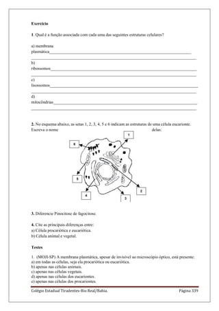 Colégio Estadual Tiradentes-Rio Real/Bahia. Página 339
Exercício
1. Qual é a função associada com cada uma das seguintes estruturas celulares?
a) membrana
plasmática___________________________________________________________________
______________________________________________________________________________
b)
ribossomos_____________________________________________________________________
______________________________________________________________________________
c)
lisossomos______________________________________________________________________
______________________________________________________________________________
d)
mitocôndrias____________________________________________________________________
______________________________________________________________________________
2. No esquema abaixo, as setas 1, 2, 3, 4, 5 e 6 indicam as estruturas de uma célula eucarionte.
Escreva o nome delas:
3. Diferencie Pinocitose de fagocitose.
4. Cite as principais diferenças entre:
a) Célula procariótica e eucariótica.
b) Célula animal e vegetal.
Testes
1. (MOJI-SP) A membrana plasmática, apesar de invisível ao microscópio óptico, está presente:
a) em todas as células, seja ela procariótica ou eucariótica.
b) apenas nas células animais.
c) apenas nas células vegetais.
d) apenas nas células dos eucariontes.
e) apenas nas células dos procariontes.
 