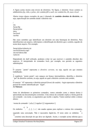 Colégio Estadual Tiradentes-Rio Real/Bahia. Página 377
A figura acima mostra uma árvore de diretórios. Na figura, o diretório /home contém os
subdiretórios ftp, rildo, e julius; /dev contém fd0 e cua0; /usr contém bin, lib, man e local.
Abaixo temos alguns exemplos do que é chamado de caminho absoluto de diretório, ou
seja, especificação do caminho desde o diretório raiz:
/
/etc
/home/ftp
/home/julius
/proc
/usr/local
/usr/bin
São esses caminhos que identificam um diretório em uma hierarquia de diretórios. Para
identificarmos um arquivo, informamos a identificação do diretório que o contém, seguido do
nome deste arquivo. Por exemplo:
/home/julius/relatorio.txt
/usr/local/musica.mp3
/etc/servidores.bak
/carta.txt
Dependendo do shell utilizado, podemos evitar ter que escrever o caminho absoluto dos
arquivos. O interpretador de comandos bash, por exemplo, nos permite as seguintes
substituições:
.
O caracter ``ponto'' representa o diretório corrente, ou seja, aquele em que estamos
trabalhando;
..
A seqüência ``ponto ponto'', sem espaços em branco intermediários, identifica o diretório
``pai'' do diretório corrente, ou seja, aquele no qual o diretório corrente está contido;
~
O caracter ``til'' representa o diretório pessoal (home) do usuário; ~login representa o diretório
pessoal do usuário identificado por ``login''.
3.3 Sintaxes
Antes de abordarmos os primeiros comandos, vamos entender como a sintaxe destes é
apresentada nas documentações existentes. Uma sintaxe de comando explica a forma geral de
um comando - seu nome, os argumentos que recebe e opções. Vamos analisar então a sintaxe
abaixo:
nome do comando {a,b,c} [opções] [argumentos]
Os símbolos , , [, ], { e } são usados apenas para explicar a sintaxe dos comandos,
seguindo uma convenção. Não é necessário digitá-los. O texto entre os símbolos e
constitui uma descrição do que deve ser digitado. Assim, o exemplo acima informa que a
 