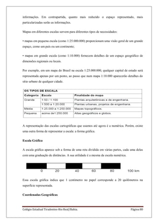Colégio Estadual Tiradentes-Rio Real/Bahia. Página 80
informações. Em contrapartida, quanto mais reduzido o espaço representado, mais
particularizadas serão as informações.
Mapas em diferentes escalas servem para diferentes tipos de necessidades:
• mapas em pequena escala (como 1:25.000.000) proporcionam uma visão geral de um grande
espaço, como um país ou um continente;
• mapas em grande escala (como 1:10.000) fornecem detalhes de um espaço geográfico de
dimensões regionais ou locais.
Por exemplo, em um mapa do Brasil na escala 1:25.000.000, qualquer capital de estado será
representada apenas por um ponto, ao passo que num mapa 1:10.000 aparecerão detalhes do
sítio urbano de qualquer cidade.
A representação das escalas cartográficas que usamos até agora é a numérica. Porém, existe
uma outra forma de representar a escala: a forma gráfica.
Escala Gráfica
A escala gráfica aparece sob a forma de uma reta dividida em várias partes, cada uma delas
com uma graduação de distâncias. A sua utilidade é a mesma da escala numérica.
Essa escala gráfica indica que 1 centímetro no papel corresponde a 20 quilômetros na
superfície representada.
Coordenadas Geográficas
 