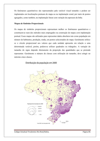 Colégio Estadual Tiradentes-Rio Real/Bahia. Página 86
Os fenômenos quantitativos são representados pela variável visual tamanho e podem ser
implantados em localizações pontuais do mapa ou na implantação zonal, por meio de pontos
agregados, como também, na implantação linear com variação da espessura da linha.
Mapas de Símbolos Proporcionais
Os mapas de símbolos proporcionais representam melhor os fenômenos quantitativos e
constituem-se num dos métodos mais empregados na construção de mapas com implantação
pontual. Esses mapas são utilizados para representar dados absolutos tais como população em
número de habitantes, produção, renda, em pontos selecionados do mapa. Geralmente utiliza-
se o círculo proporcional aos valores que cada unidade apresenta em relação a uma
determinada variável, porém, podem-se utilizar quadrados ou triângulos. A variação do
tamanho do signo depende diretamente da proporção das quantidades que se pretende
representar. Geralmente o número de classes com utilização do tamanho, deve atingir no
máximo cinco classes.
 