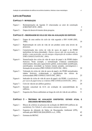 Avaliação da sustentabilidade de edifícios de escritórios brasileiros: diretrizes e base metodológica

vi

LISTA DE FIGURAS
C APÍTULO 1 - INTRODUÇÃO
Figura 1 –
Figura 2 -

Reinterpretações da Agenda 21 relacionadas ao setor de construção
(CIB/UNEP-IETC, 2002).
Etapas de desenvolvimento desta pesquisa.

3
15

C APÍTULO 2 – ABORDAGEM DE CICLO DE VIDA NA AVALIAÇÃO DE EDIFÍCIOS
Figura 1 –

Etapas de uma análise do ciclo de vida segundo a ISO 14.040 (ISO,
1996).

19

Representação do ciclo de vida de um produto como uma árvore de
processos.

21

Caracterização dos ciclos de vida de sacos de papel e de PEBD
(polietileno de baixa densidade). Outras classes não são mostradas no
gráfico, como pesticidas, uso de energia e disposição de resíduos sólidos
(PRÉ CONSULTANTS INC, 2001).

23

Normalização dos ciclos de vida de sacos de papel e de PEBD (dados
fictícios). Neste exemplo, a normalização evidencia contribuições
relativamente altas para aquecimento global, ecotoxicidade (acidificação,
eutroficação), toxicidade ao homem (metais pesados, carcinógenos) e
formação de nevoeiros (PRÉ CONSULTANTS INC, 2001).

24

Valoração de ciclos de vida de sacos de papel e de PEBD normalizados
(dados fictícios), evidenciando a significância dos efeitos de
ecotoxicidade (PRÉ CONSULTANTS INC, 2001).

25

Indicador de ciclos de vida de sacos de papel e de PEBD. A preferência
por sacos de papel torna-se evidente (PRÉ CONSULTANTS INC, 2001).

25

Figura 7 -

Ciclo de vida de um edifício genérico.

29

Figura 8 -

Inserção conceitual da LCA em avaliação da sustentabilidade de
edifícios.

31

Esquema dos fluxos ambientais ao longo do ciclo de vida de um edifício.

31

Figura 2 –
Figura 3 –

Figura 4 –

Figura 5 –

Figura 6 –

Figura 9 –

C APÍTULO 3 – SISTEMAS DE AVALIAÇÃO EXISTENTES: ESTADO ATUAL E
DISCUSSÃO METODOLÓGICA

Figura 1 Figura 2 Figura 3 –

Blocos de critérios no processo de avaliação do BREEAM (edifícios de
escritórios). Ver Tabela 3, sobre número mínimo de pontos.

40

Esquema da obtenção do Índice de Desempenho Ambiental (EPI),
utilizado pelo BREEAM (BALDWIN et al., 1998).

42

Estrutura do BEPAC.

44

 