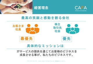 ©︎ 2 0 2 0 . C A P A . i n c A l l R i gh t s R e s e r v e d. 株 式 会 社 キ ャ パ C A P A , I n c .
h t t p s : // w w w . c ap a. c o . j p
経営理念
最高の笑顔と感動を創る会社
お客さま
社員
ITサービスの提供を通じてお客様のビジネスを
成長させる事が、私たちのビジネスです。
具体的なミッションは
株主
取引先
社会
優先
最優先
 