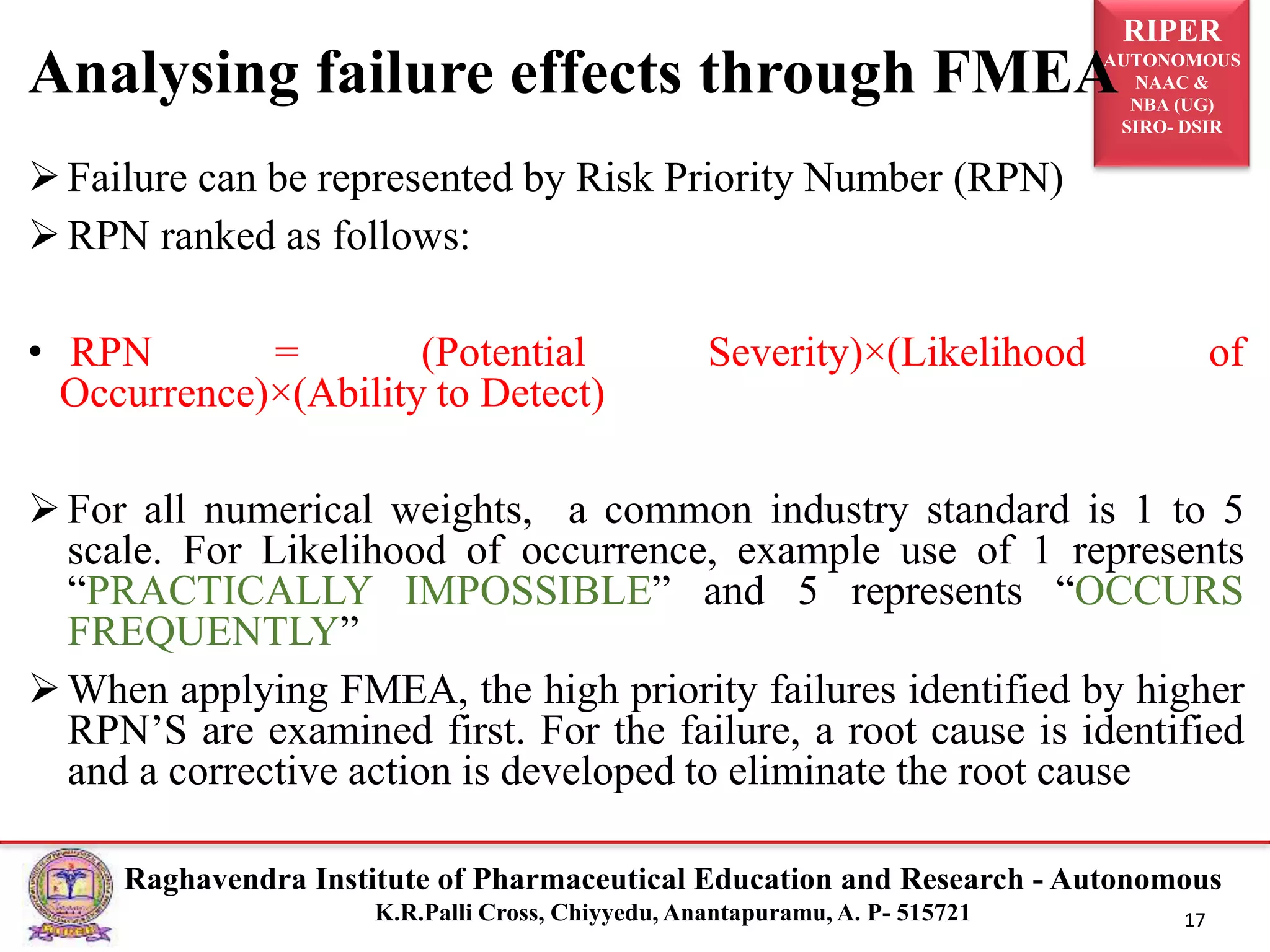 RIPER
AUTONOMOUS
NAAC &
NBA (UG)
SIRO- DSIR
Raghavendra Institute of Pharmaceutical Education and Research - Autonomous
K.R.Palli Cross, Chiyyedu, Anantapuramu, A. P- 515721 17
Failure can be represented by Risk Priority Number (RPN)
RPN ranked as follows:
• RPN = (Potential Severity)×(Likelihood of
Occurrence)×(Ability to Detect)
For all numerical weights, a common industry standard is 1 to 5
scale. For Likelihood of occurrence, example use of 1 represents
“PRACTICALLY IMPOSSIBLE” and 5 represents “OCCURS
FREQUENTLY”
When applying FMEA, the high priority failures identified by higher
RPN’S are examined first. For the failure, a root cause is identified
and a corrective action is developed to eliminate the root cause
Analysing failure effects through FMEA
 