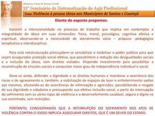  OrganizaçãoIndicadoresFreqüênciaPercentualNaturalidadeParaná14,35% Rio de Janeiro14,35%Ceara14,35%Pernambuco14,35%Minas Gerais28,69%Alagoas28,69%Bahia313,05%Sergipe417,39%São Paulo834,78%Total23100%    Sexomasculino23100%    Idade45 anos14,35 % 60 a 65626,08 %66 a 70521,74 %71 a 75626,08 %76 a 80313,05 %81 a 8928,69 %Total23100% Anos de Abrigamento 0 a 2 anos 11 47,82 % 3 á 5 anos626,08 %6 á 8anos521,74 %9 anos14,35 %Total23100%     Estado CivilDivorciado28,69%Viúvo313,05%Separado521,74%Solteiro1356,52Total23100%Caracterização dos Idosos do “Lar Residencial Eno Gregori Antunes” em Guarujá.