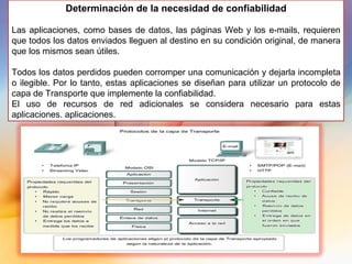 Determinación de la necesidad de confiabilidad   Las aplicaciones, como bases de datos, las páginas Web y los e-mails, requieren que todos los datos enviados lleguen al destino en su condición original, de manera que los mismos sean útiles.  Todos los datos perdidos pueden corromper una comunicación y dejarla incompleta o ilegible. Por lo tanto, estas aplicaciones se diseñan para utilizar un protocolo de capa de Transporte que implemente la confiabilidad.  El uso de recursos de red adicionales se considera necesario para estas aplicaciones. aplicaciones. 