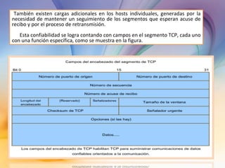 También existen cargas adicionales en los hosts individuales, generadas por la necesidad de mantener un seguimiento de los segmentos que esperan acuse de recibo y por el proceso de retransmisión. Esta confiabilidad se logra contando con campos en el segmento TCP, cada uno con una función específica, como se muestra en la figura.  