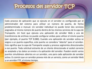 Cada proceso de aplicación que se ejecuta en el servidor es configurado por el administrador del sistema para utilizar un número de puerto, de forma predeterminada o manual. Un servidor individual no puede tener dos servicios asignados al mismo número de puerto dentro de los mismos servicios de la capa de Transporte. Un host que ejecuta una aplicación de servidor Web y una de transferencia de archivos no puede configurar ambas para utilizar el mismo puerto (por ejemplo, el puerto TCP 8.080). Cuando una aplicación de servidor activa se asigna a un puerto específico, este puerto se considera "abierto" para el servidor. Esto significa que la capa de Transporte acepta y procesa segmentos direccionados a ese puerto. Toda solicitud entrante de un cliente direccionada al socket correcto es aceptada y los datos se envían a la aplicación del servidor. Pueden existir varios puertos simultáneos abiertos en un servidor, uno para cada aplicación de servidor activa. Es común que un servidor provea más de un servicio, como un servidor Web y un servidor FTP, al mismo tiempo. 