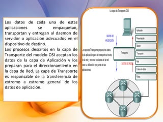 Los datos de cada una de estas aplicaciones se empaquetan, transportan y entregan al daemon de servidor o aplicación adecuados en el dispositivo de destino.  Los procesos descritos en la capa de Transporte del modelo OSI aceptan los datos de la capa de Aplicación y los preparan para el direccionamiento en la capa de Red. La capa de Transporte es responsable de la transferencia de extremo a extremo general de los datos de aplicación.   