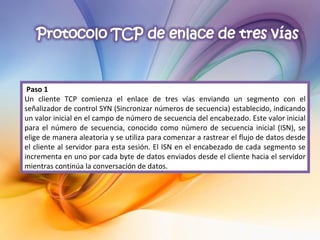 Paso 1 Un cliente TCP comienza el enlace de tres vías enviando un segmento con el señalizador de control SYN (Sincronizar números de secuencia) establecido, indicando un valor inicial en el campo de número de secuencia del encabezado. Este valor inicial para el número de secuencia, conocido como número de secuencia inicial (ISN), se elige de manera aleatoria y se utiliza para comenzar a rastrear el flujo de datos desde el cliente al servidor para esta sesión. El ISN en el encabezado de cada segmento se incrementa en uno por cada byte de datos enviados desde el cliente hacia el servidor mientras continúa la conversación de datos. 