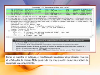 Como se muestra en la figura, el resultado del analizador de protocolos muestra el señalizador de control ACK establecido y se muestran los números relativos de secuencia y reconocimiento. 