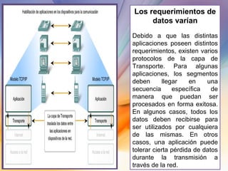 Los requerimientos de datos varían Debido a que las distintas aplicaciones poseen distintos requerimientos, existen varios protocolos de la capa de Transporte. Para algunas aplicaciones, los segmentos deben llegar en una secuencia específica de manera que puedan ser procesados en forma exitosa. En algunos casos, todos los datos deben recibirse para ser utilizados por cualquiera de las mismas. En otros casos, una aplicación puede tolerar cierta pérdida de datos durante la transmisión a través de la red. 