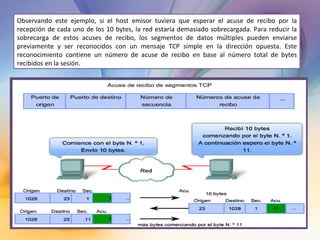 Observando este ejemplo, si el host emisor tuviera que esperar el acuse de recibo por la recepción de cada uno de los 10 bytes, la red estaría demasiado sobrecargada. Para reducir la sobrecarga de estos acuses de recibo, los segmentos de datos múltiples pueden enviarse previamente y ser reconocidos con un mensaje TCP simple en la dirección opuesta. Este reconocimiento contiene un número de acuse de recibo en base al número total de bytes recibidos en la sesión.  