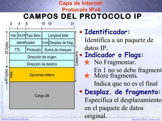 Capa de Internet: 
Protocolo IPv4 
No Fragmentar. 
En 1 no se debe fragment 
More fragments. 
Indica que no es el final 
0 4 8 16 19 31 
Ver HLENTipo Serv. Longitud total 
Identificador IndicDesplaz de frag. 
TTL Protocolo Suma de chequeo 
Dirección de origen 
Dirección de destino 
Opciones-relleno 
A Díaz Daniel Carga útil 
Ó 2004 Copyright ddiaz@inictel.gob.pe 
Daniel Díaz Ataucuri 40 bytes 
max 
Cabecera 
20 bytes 
CAMPOS DEL PROTOCOLO IP 
Identificador: 
Identifica a un paquete de 
datos IP. 
Indicador o Flags: 
Desplaz. de fragmento: 
Especifica el desplazamiento 
en el paquete de datos 
original. 
 
