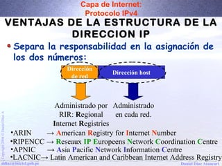 Capa de Internet: 
Protocolo IPv4 
VENTAJAS DE LA ESTRUCTURA DE LA 
DIRECCION IP 
Separa la responsabilidad en la asignación de 
los dos números: 
Dirección 
de red Dirección host 
Administrado 
en cada red. 
Administrado por 
RIR: Regional 
Internet Registries 
Daniel Díaz Ataucuri Copyright 2004 Ó Daniel Díaz A ddiaz@inictel.gob.pe 
•ARIN → American Registry for Internet Number 
•RIPENCC → Reseaux IP Europeens Network Coordination Centre 
•APNIC → Asia Pacific Network Information Centre 
•LACNIC→ Latin American and Caribbean Internet Address Registry 
 