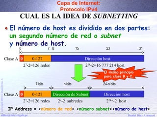 Capa de Internet: 
Protocolo IPv4 
CUAL ES LA IDEA DE SUBNETTING 
El número de host es dividido en dos partes: 
un segundo número de red o subnet 
y número de host. 
Clase A 
0 7 8 15 23 31 
0 0-127 Dirección host 
27-2=126 redes 
224-2=16 777 214 host 
El mismo principio 
para clase B y C. 
A Díaz 7 bits n bits 24-n bits 
Daniel Ó Clase A 
0 0-127 Dirección de Subnet 
Dirección host 
2004 27-2=126 redes 
2n-2 subredes 
224-n-2 host 
Copyright IP Address = <número de red> <número subnet><número de host> 
ddiaz@inictel.gob.pe 
Daniel Díaz Ataucuri  