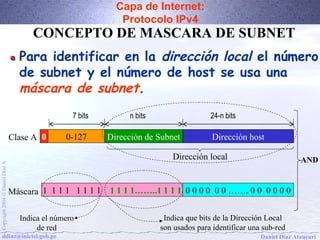 Capa de Internet: 
Protocolo IPv4 
CONCEPTO DE MASCARA DE SUBNET 
Para identificar en la dirección local el número 
de subnet y el número de host se usa una 
máscara de subnet. 
Clase A 
7 bits n bits 24-n bits 
0 0-127 Dirección de Subnet Dirección host 
Dirección local 
A Díaz Daniel Máscara 1 1 1 1 1 1 1 1 1 1 1 1……..1 1 1 1 0 0 0 0 0 0 ……. 0 0 0 0 0 0 
Ó 2004 Copyright ddiaz@inictel.gob.pe 
Daniel Díaz Ataucuri AND 
Indica que bits de la Dirección Local 
son usados para identificar una sub-red 
Indica el número 
de red 
 