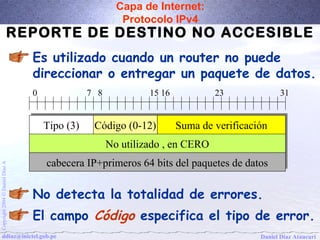 Capa de Internet: 
Protocolo IPv4 
REPORTE DE DESTINO NO ACCESIBLE 
Es utilizado cuando un router no puede 
direccionar o entregar un paquete de datos. 
0 7 8 15 16 23 31 
TTiippoo ((33)) CCóóddiiggoo ((00--1122)) SSuummaa ddee vveerriiffiiccaacciióónn 
NNoo uuttiilliizzaaddoo ,, eenn CCEERROO 
cabecera IP+cabecera IP+pprriimmeerrooss 6644 bbiittss ddeell ppaaqquueetteess ddee ddaattooss 
A Díaz Daniel Ó No detecta la totalidad de errores. 
2004 Copyright El campo Código especifica el tipo de error. 
ddiaz@inictel.gob.pe 
Daniel Díaz Ataucuri  