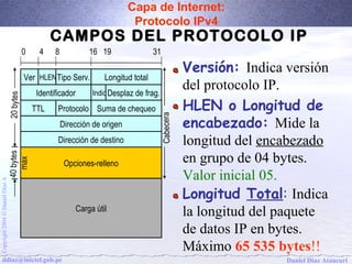 Capa de Internet: 
Protocolo IPv4 
0 4 8 16 19 31 
Ver HLENTipo Serv. Longitud total 
Identificador IndicDesplaz de frag. 
TTL Protocolo Suma de chequeo 
Dirección de origen 
Dirección de destino 
Opciones-relleno 
A Díaz Daniel Carga útil 
Ó 2004 Copyright ddiaz@inictel.gob.pe 
Daniel Díaz Ataucuri 40 bytes 
max 
Cabecera 
20 bytes 
CAMPOS DEL PROTOCOLO IP 
Versión: Indica versión 
del protocolo IP. 
HLEN o Longitud de 
encabezado: Mide la 
longitud del encabezado 
en grupo de 04 bytes. 
Valor inicial 05. 
Longitud Total: Indica 
la longitud del paquete 
de datos IP en bytes. 
Máximo 65 535 bytes!! 
 