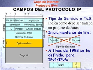 Capa de Internet: 
Protocolo IPv4 
Prioridad D T R Sin uso 
Tipo de transporte 
0 4 8 16 19 31 
Ver HLENTipo Serv. Longitud total 
Identificador IndicDesplaz de frag. 
TTL Protocolo Suma de chequeo 
Dirección de origen 
Dirección de destino 
A Díaz Daniel Ó 2004 Copyright DSCP CU 
ddiaz@inictel.gob.pe 
Daniel Díaz Ataucuri Opciones-relleno 
Carga útil 
40 bytes 
max 
Cabecera 
20 bytes 
CAMPOS DEL PROTOCOLO IP 
Tipo de Servicio o ToS: 
Indica como debe ser tratado 
un paquete de datos. 
Inicialmente se define: 
A fines de 1998 se ha 
definido, para 
IPv4/IPv6: 
 