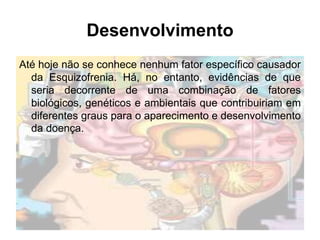 Desenvolvimento 
Até hoje não se conhece nenhum fator específico causador 
da Esquizofrenia. Há, no entanto, evidências de que 
seria decorrente de uma combinação de fatores 
biológicos, genéticos e ambientais que contribuiriam em 
diferentes graus para o aparecimento e desenvolvimento 
da doença. 
 