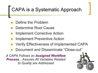 CAPA is a Systematic Approach

     Define the Problem
     Determine Root Cause
     Implement Corrective Action
     Implement Preventive Action
     Verify Effectiveness of Implemented CAPA
     Document and Disseminate “Close-out”
A CAPA Follows an Assigned Workflow
Process…Assures All Variables Related
      to Quality are Addressed
 