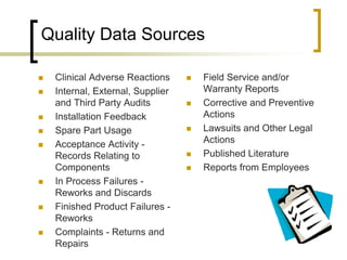 Quality Data Sources

   Clinical Adverse Reactions        Field Service and/or
   Internal, External, Supplier       Warranty Reports
    and Third Party Audits            Corrective and Preventive
   Installation Feedback              Actions
   Spare Part Usage                  Lawsuits and Other Legal
   Acceptance Activity -              Actions
    Records Relating to               Published Literature
    Components                        Reports from Employees
   In Process Failures -
    Reworks and Discards
   Finished Product Failures -
    Reworks
   Complaints - Returns and
    Repairs
 