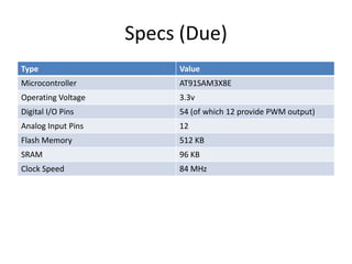 Specs (Due)
Type                     Value
Microcontroller          AT91SAM3X8E
Operating Voltage        3.3v
Digital I/O Pins         54 (of which 12 provide PWM output)
Analog Input Pins        12
Flash Memory             512 KB
SRAM                     96 KB
Clock Speed              84 MHz
 