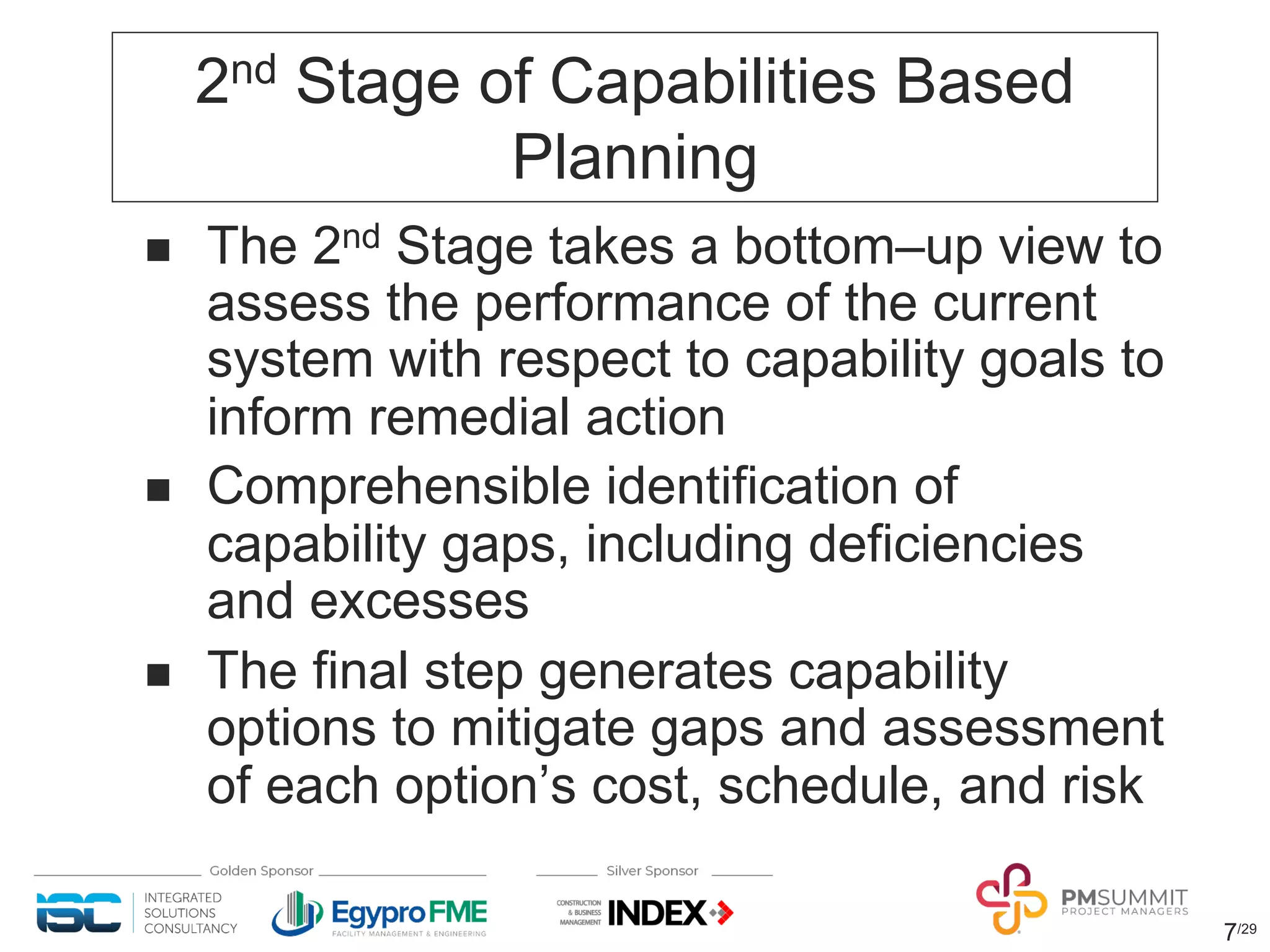2nd Stage of Capabilities Based
Planning
n The 2nd Stage takes a bottom‒up view to
assess the performance of the current
system with respect to capability goals to
inform remedial action
n Comprehensible identification of
capability gaps, including deficiencies
and excesses
n The final step generates capability
options to mitigate gaps and assessment
of each option’s cost, schedule, and risk
7/29
 
