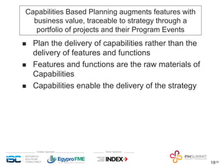 18/29
Capabilities Based Planning augments features with
business value, traceable to strategy through a
portfolio of proj...