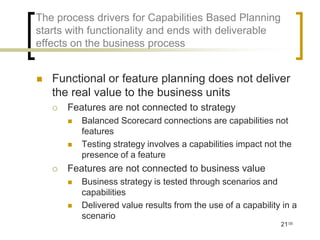 The process drivers for Capabilities Based Planning
starts with functionality and ends with deliverable
effects on the business process


   Functional or feature planning does not deliver
    the real value to the business units
       Features are not connected to strategy
           Balanced Scorecard connections are capabilities not
            features
           Testing strategy involves a capabilities impact not the
            presence of a feature
       Features are not connected to business value
           Business strategy is tested through scenarios and
            capabilities
           Delivered value results from the use of a capability in a
            scenario
                                                                21/35
 