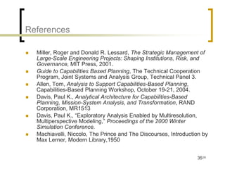 References

   Miller, Roger and Donald R. Lessard, The Strategic Management of
    Large-Scale Engineering Projects: Shaping Institutions, Risk, and
    Governance, MIT Press, 2001.
   Guide to Capabilities Based Planning, The Technical Cooperation
    Program, Joint Systems and Analysis Group, Technical Panel 3.
   Allen, Tom, Analysis to Support Capabilities-Based Planning,
    Capabilities-Based Planning Workshop, October 19-21, 2004.
   Davis, Paul K., Analytical Architecture for Capabilities-Based
    Planning, Mission-System Analysis, and Transformation, RAND
    Corporation, MR1513
   Davis, Paul K., “Exploratory Analysis Enabled by Multiresolution,
    Multiperspective Modeling,” Proceedings of the 2000 Winter
    Simulation Conference.
   Machiavelli, Niccolo, The Prince and The Discourses, Introduction by
    Max Lerner, Modern Library,1950


                                                                   35/35
 