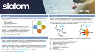 The problem
When a business has a problem to fix or an opportunity to leverage they will most likely follow a
four-step cycle:
1. Create a strategy
2. Define objectives
3. Execute through initiatives
4. Measure results
The impact
Without a means of communicating strategy into a language that everyone in the business can
understand it is very difficult to align to a common goal resulting in investments producing less
than expected returns let alone maximizing their full potential.
The projects that are spun up within the business units lose their connectedness to the overall
strategy and to each other, resulting in initiatives that may be individually successful but fail to
deliver on the overall objective. There is a lack of visibility into the workload of critical business
units, leading to change saturation, poor engagement and low adoption.
Where we are seeing success
Some of our clients have found great success by incorporating business capabilities into the
planning process and execution framework to create a tight linkage between “what” they
want to achieve and “how” they will achieve it. By defining their operating model in terms of
business capabilities they create a shared understanding and alignment across the business
on what is needed to accomplish their strategic objectives.
We have seen our clients use business architecture in a variety of ways to great effect:
1. Executives driving new initiatives
2. New executives needing a clear view of their business
3. Obtaining a customer-centric organizational view
4. Merger and acquisition analysis
5. Change in business model
6. New product or service rollout
7. Runaway growth or stalled growth
8. Outsourcing
9. Regulatory Compliance
Capabilities Based Planning
Strategy
Objectives
Initiatives
Key
Performance
Indicators
The problem is the gap between steps 2 and 3. Strategy is
conceived with entire enterprise in mind and with goals and
measures in the common language of the enterprise. The
execution of that strategy is split by business unit, relying on
senior managers to translate the strategy into measures
that their people can effect through projects that they have
the authority and resources to manage.
Siloed
Execution
Capability-based
Execution
www.slalom.com
 