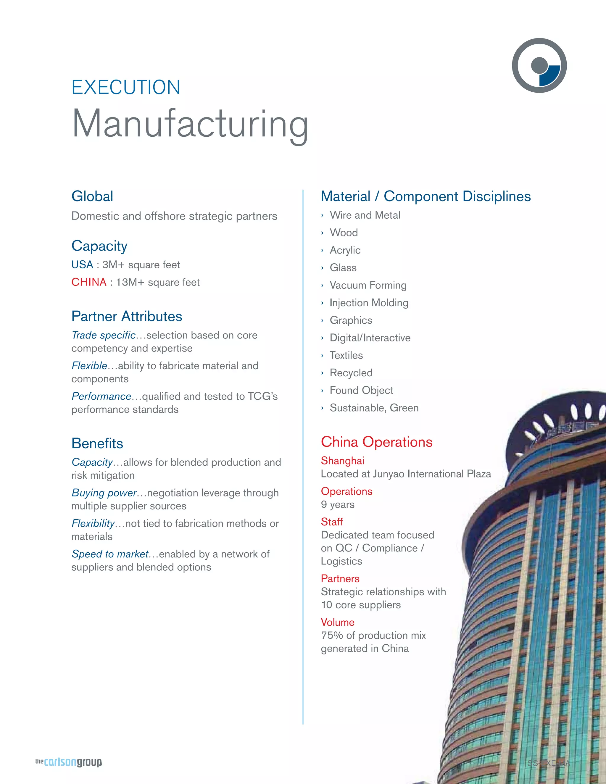 EXECUTION

Manufacturing
Global

Material / Component Disciplines

Domestic and offshore strategic partners

› Wire and Metal
› Wood

Capacity

› Acrylic

USA : 3M+ square feet

› Glass

CHINA : 13M+ square feet

› Vacuum Forming
› Injection Molding

Partner Attributes

› Graphics

Trade speciﬁc…selection based on core
competency and expertise

› Digital/Interactive

Flexible…ability to fabricate material and
components

› Recycled

Performance…qualiﬁed and tested to TCG’s
performance standards

› Textiles
› Found Object
› Sustainable, Green

Beneﬁts

China Operations

Capacity…allows for blended production and
risk mitigation

Shanghai
Located at Junyao International Plaza

Buying power…negotiation leverage through
multiple supplier sources

Operations
9 years

Flexibility…not tied to fabrication methods or
materials

Staff
Dedicated team focused
on QC / Compliance /
Logistics

Speed to market…enabled by a network of
suppliers and blended options

Partners
Strategic relationships with
10 core suppliers
Volume
75% of production mix
generated in China

SS-EXE-MA

 