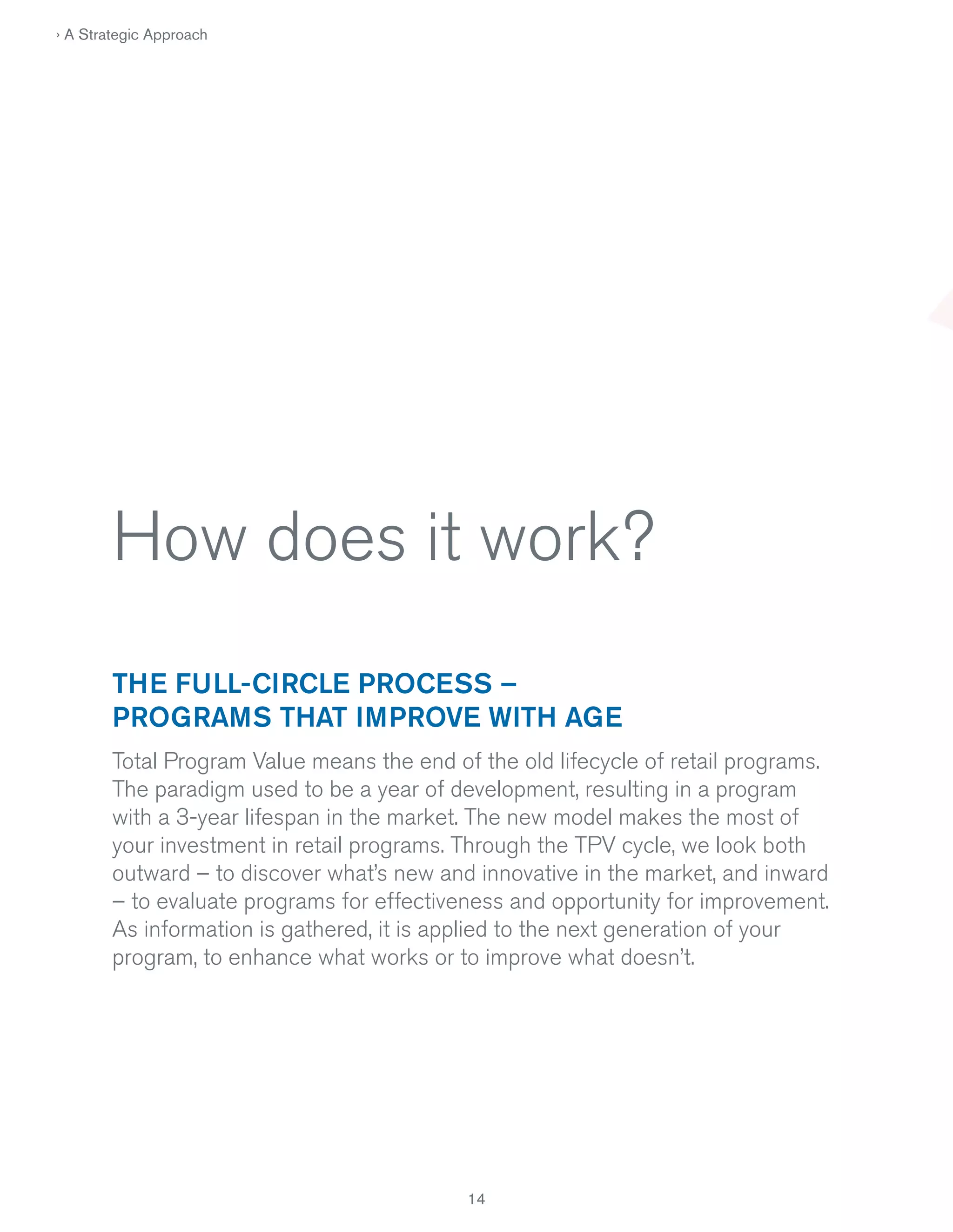› A Strategic Approach

How does it work?
THE FULL-CIRCLE PROCESS –
PROGRAMS THAT IMPROVE WITH AGE
Total Program Value means the end of the old lifecycle of retail programs.
The paradigm used to be a year of development, resulting in a program
with a 3-year lifespan in the market. The new model makes the most of
your investment in retail programs. Through the TPV cycle, we look both
outward – to discover what’s new and innovative in the market, and inward
– to evaluate programs for effectiveness and opportunity for improvement.
As information is gathered, it is applied to the next generation of your
program, to enhance what works or to improve what doesn’t.

 
